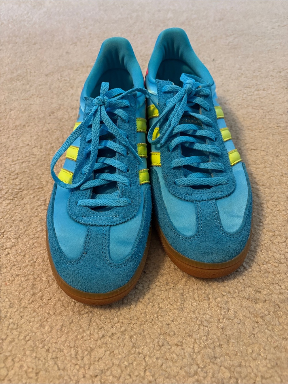 Women’s Blue Suede Adidas Sneakers with Yellow Stripes and Pink Back